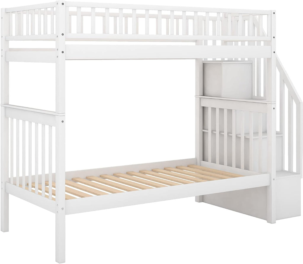 Solid Wood Twin Over Twin Bunk Bed with Trundle, Staircase, 4 Storage Shelves and Guard Rail, Can be Split Into 3 Separate Beds, No Box Spring Needed (White+3 Bed)