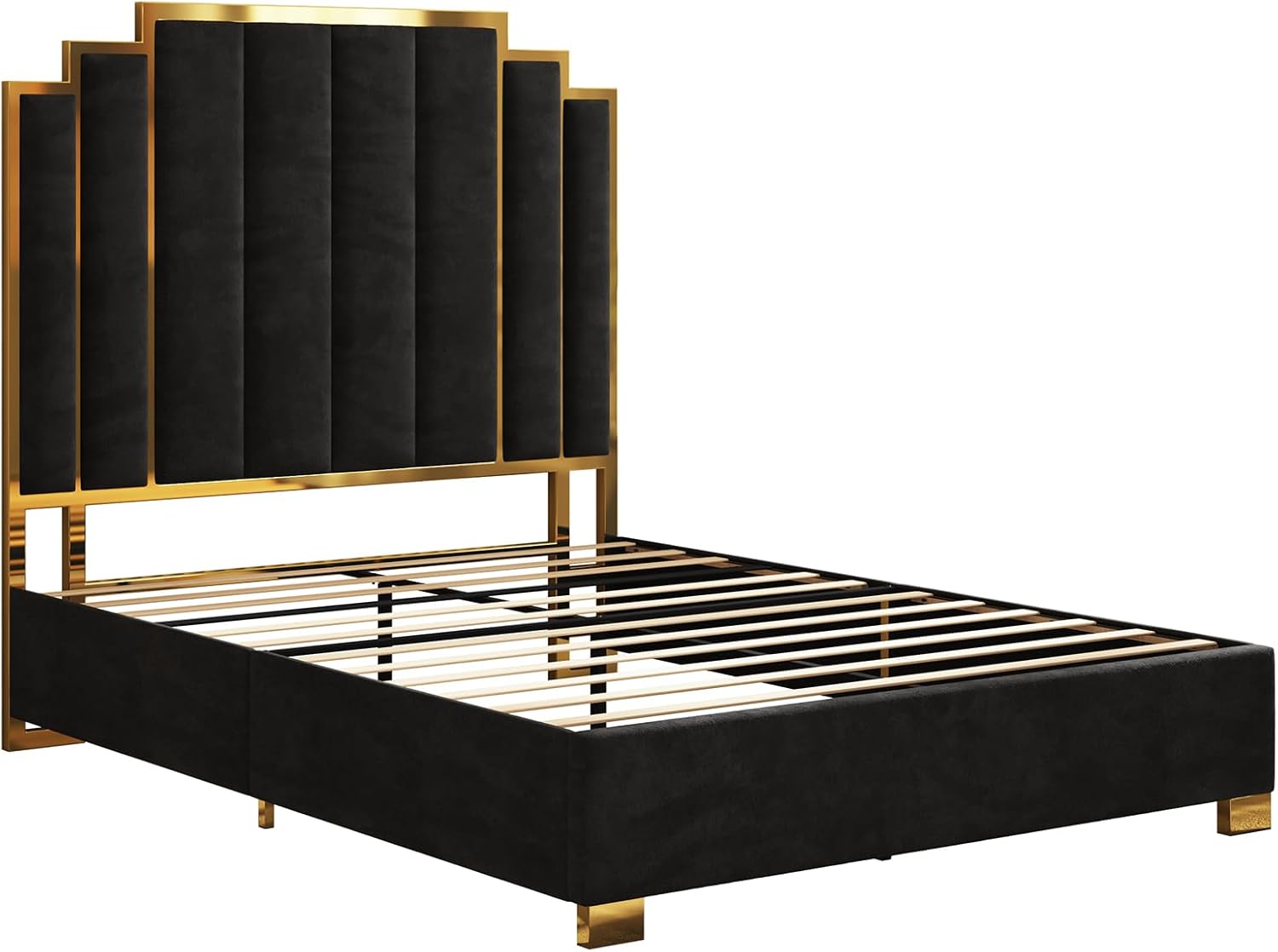 AMERLIFE Queen Size Upholstered Bed, Modern Velvet Bed Frame with 61.4' Tall Gold Trim Headboard, No Box Spring Needed, Black