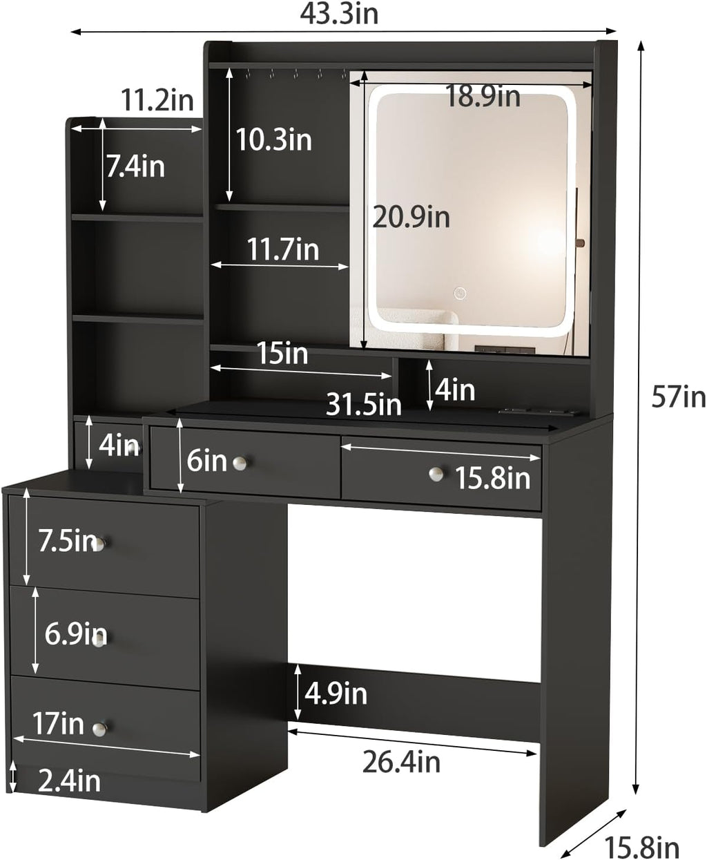 Halitaa Makeup Vanity with Led Mirror and Power Strip,Vanity Desk with Lots Drawers & Openable Mirror,3 Lighting Colors,Open Storage Shelves,Dressing Table for Bedroom,Black