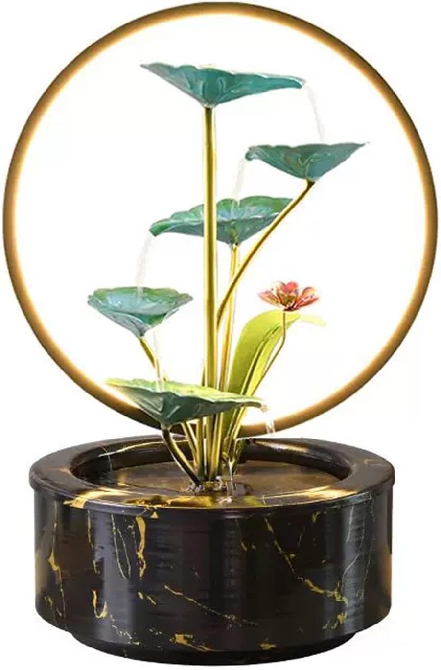 Tabletop Fountain Indoor Water Fountain 5 Tier Lotus Leaf Tabletop Relaxation Waterfall for Room Decoration LED with Round Warm Yellow Scene Light(Black)