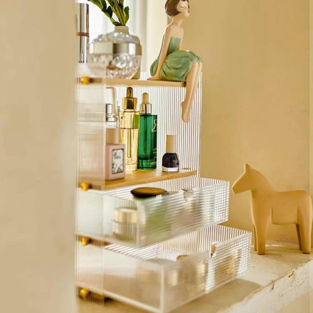 Acrylic Makeup Organizer for Vanity - 2 Drawers & Storage Cabinet, Clear Bathroom Countertop Organizer for Cosmetics, Skincare & Accessories