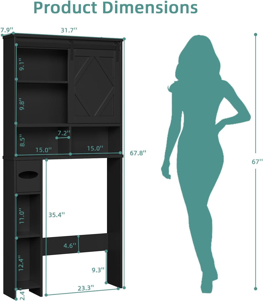 Over the Toilet Storage Cabinet with Farmhouse Sliding Barn Door, Above Toilet Organizer with Toilet Paper Holder Stand, Behind Toilet Shelf, Space Saver for Restroom, Bathroom, Laundry, Black