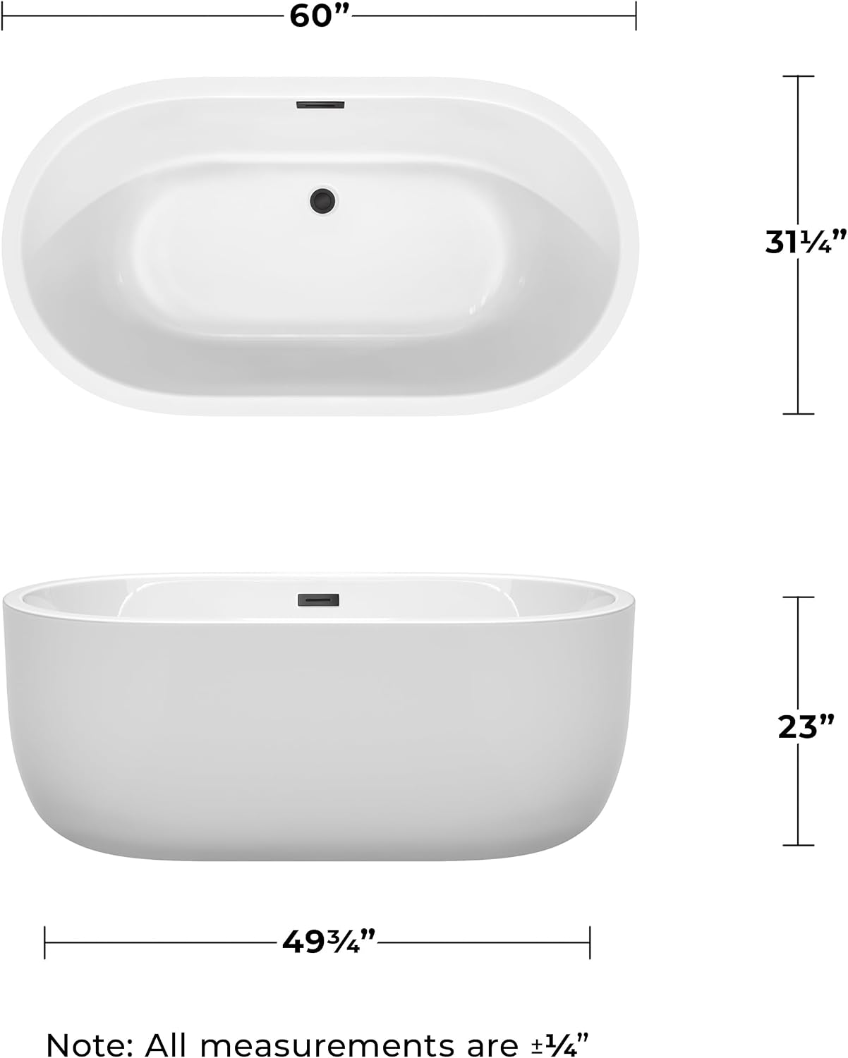 Juliette 60 Inch Freestanding Bathtub in White with Matte Black Drain and Overflow Trim