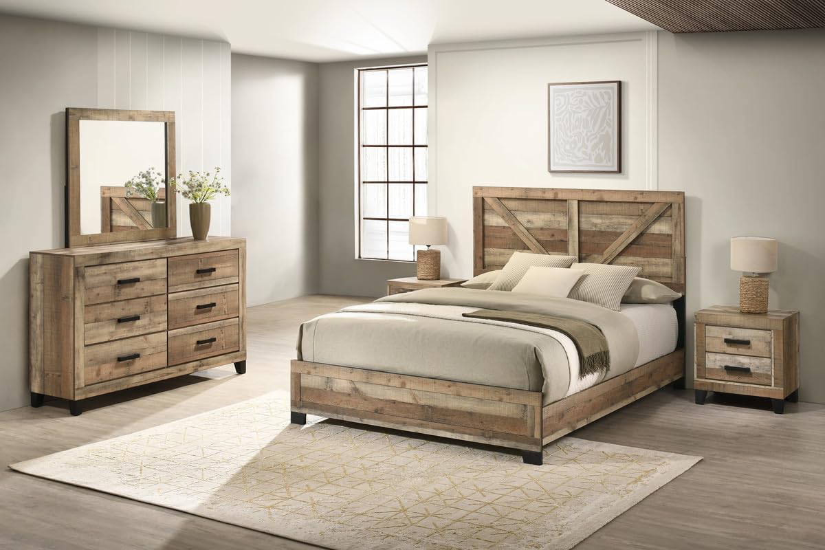 Best Quality Furniture 5 Piece Weathered Brown Pine Wood Bedroom Set in King