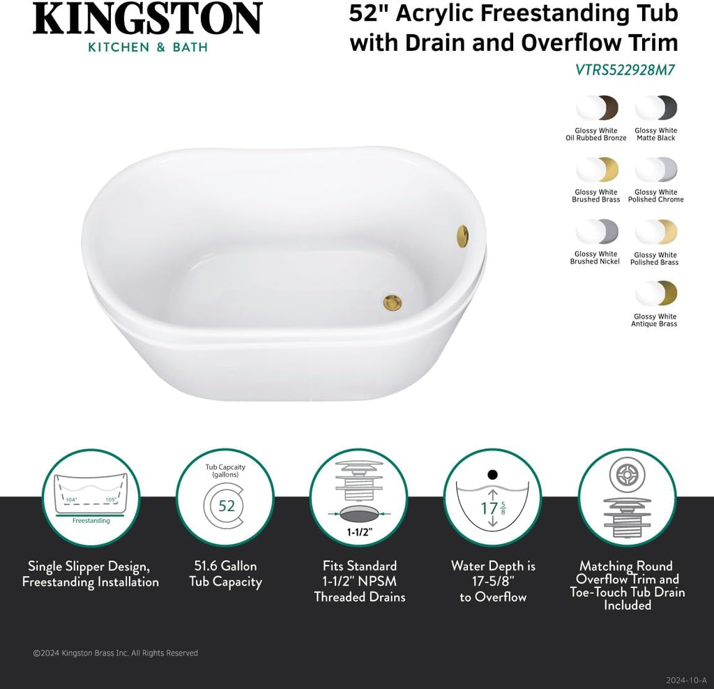 Kingston Brass VTRS522928M5 52' Acrylic Oval Double Slipper Freestanding Tub with Overflow/Drain Assembly, Glossy White/Oil Rubbed Bronze