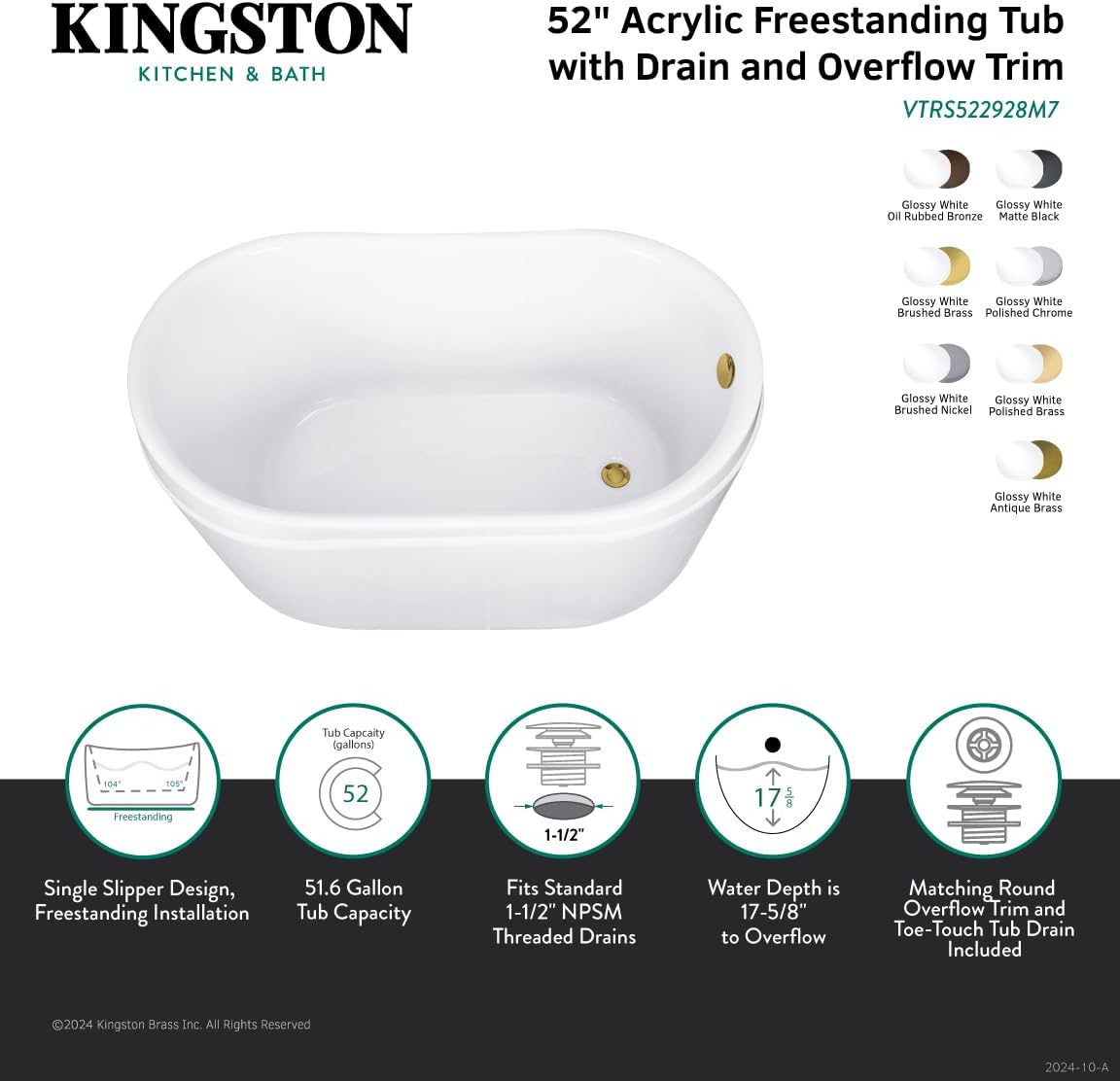 Kingston Brass VTRS522928M5 52' Acrylic Oval Double Slipper Freestanding Tub with Overflow/Drain Assembly, Glossy White/Oil Rubbed Bronze