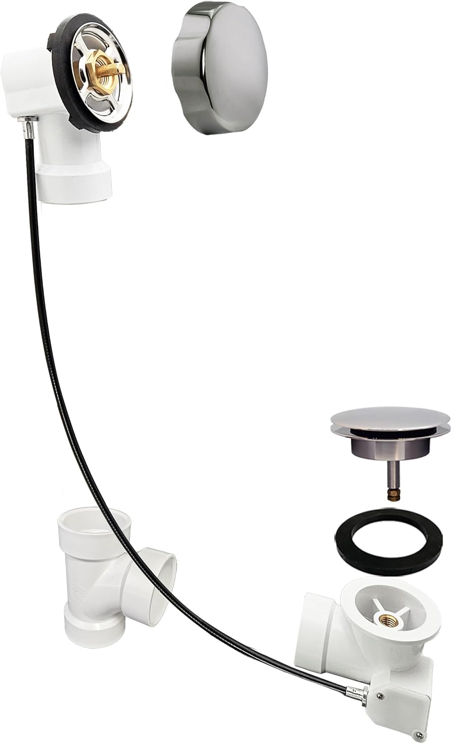 Westbrass A50P45-05 45' SCH. 40 PVC Cable Driven Bath Drain Trim Kit with Rotary Overflow Cover Knob and Pop-Up Stopper, Polished Nickel