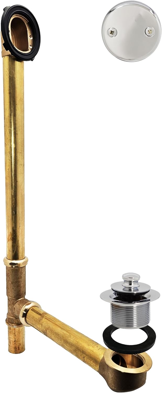 Westbrass A3264-26 22-1/2' Brass Bath Waste & Overflow Assembly with Pull Drain Plug and 2-Hole Faceplate, Polished Chrome