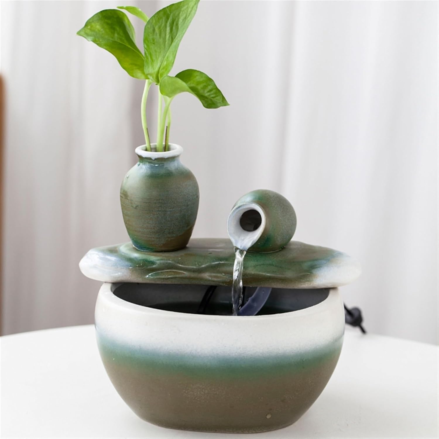 Ceramics Tabletop Water Fountain with Crystal Ball for Indoor Use, Tabletop Fountain Relaxing Ambient Sound Flowing Ornaments Fish Tank Fountain(White,with Atomizer-D)