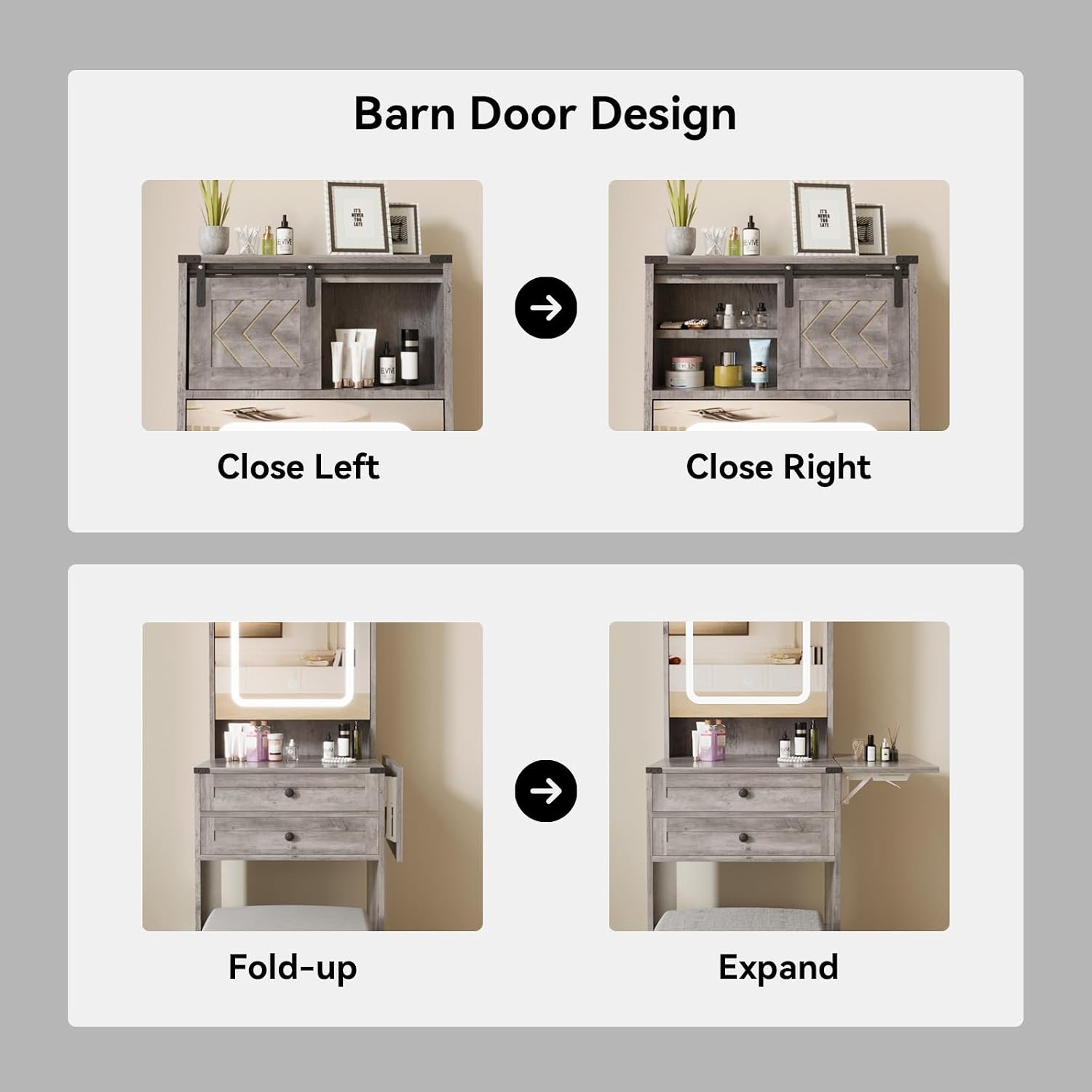 ARTETHYS Farmhouse Small Vanity Desk Set with Mirror Cabinet Compact Makeup Vanities Set with 3 Adjustable Lights and Storage Chair for Compact Space, Gray Dressing Table with Fold-up Panel