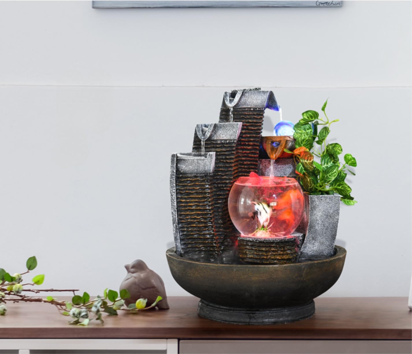 16.93' Indoor Tabletop Fountain with LED Fish Tank, Lighted Crystal Ball & Free 10 Natural Crystals – Water Feature for Home, Office, Entryway & Housewarming Gift (Fish Tank)