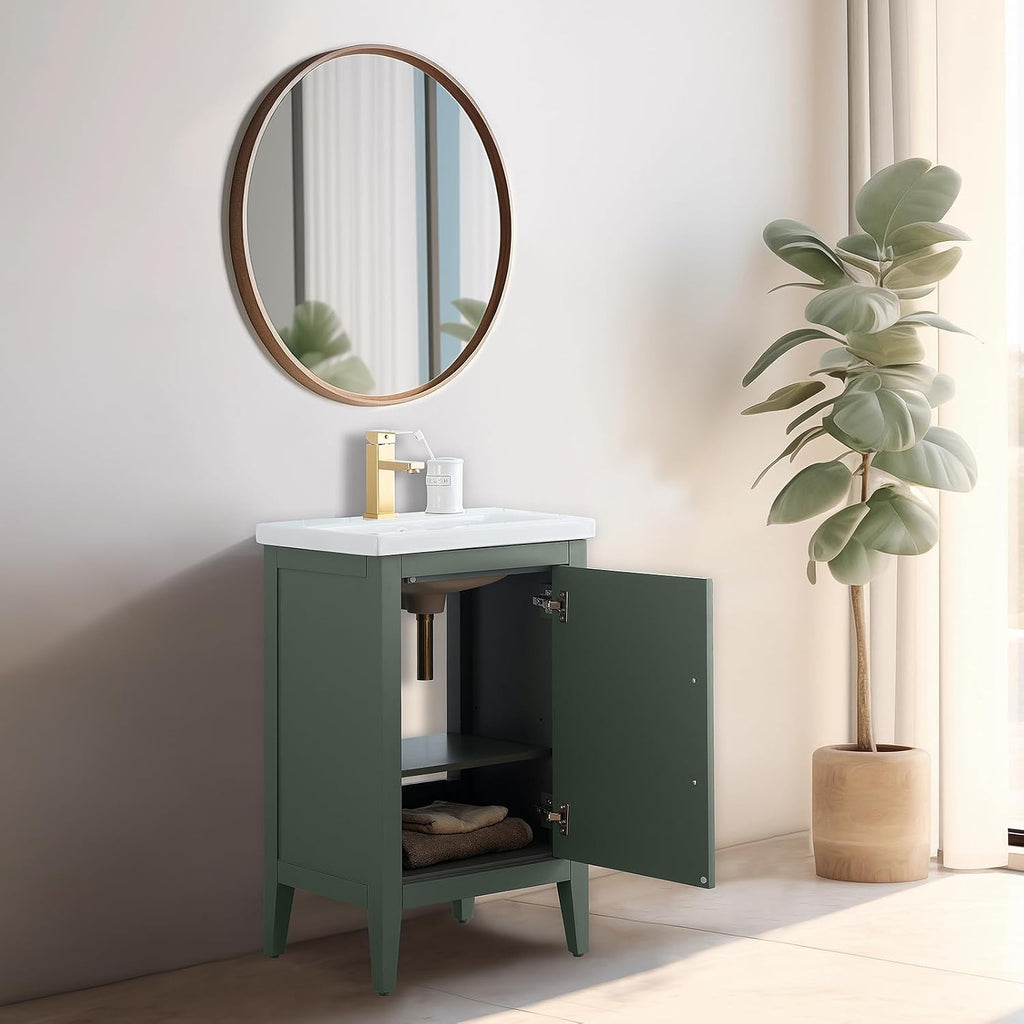 Vanity Art 20 inch Bathroom Vanity with Single Sink & Ceramic Top, Vanity Cabinet with Soft-Closing Doors, Solid Wood Frame, Vintage Green, VA9020-VG-BN1
