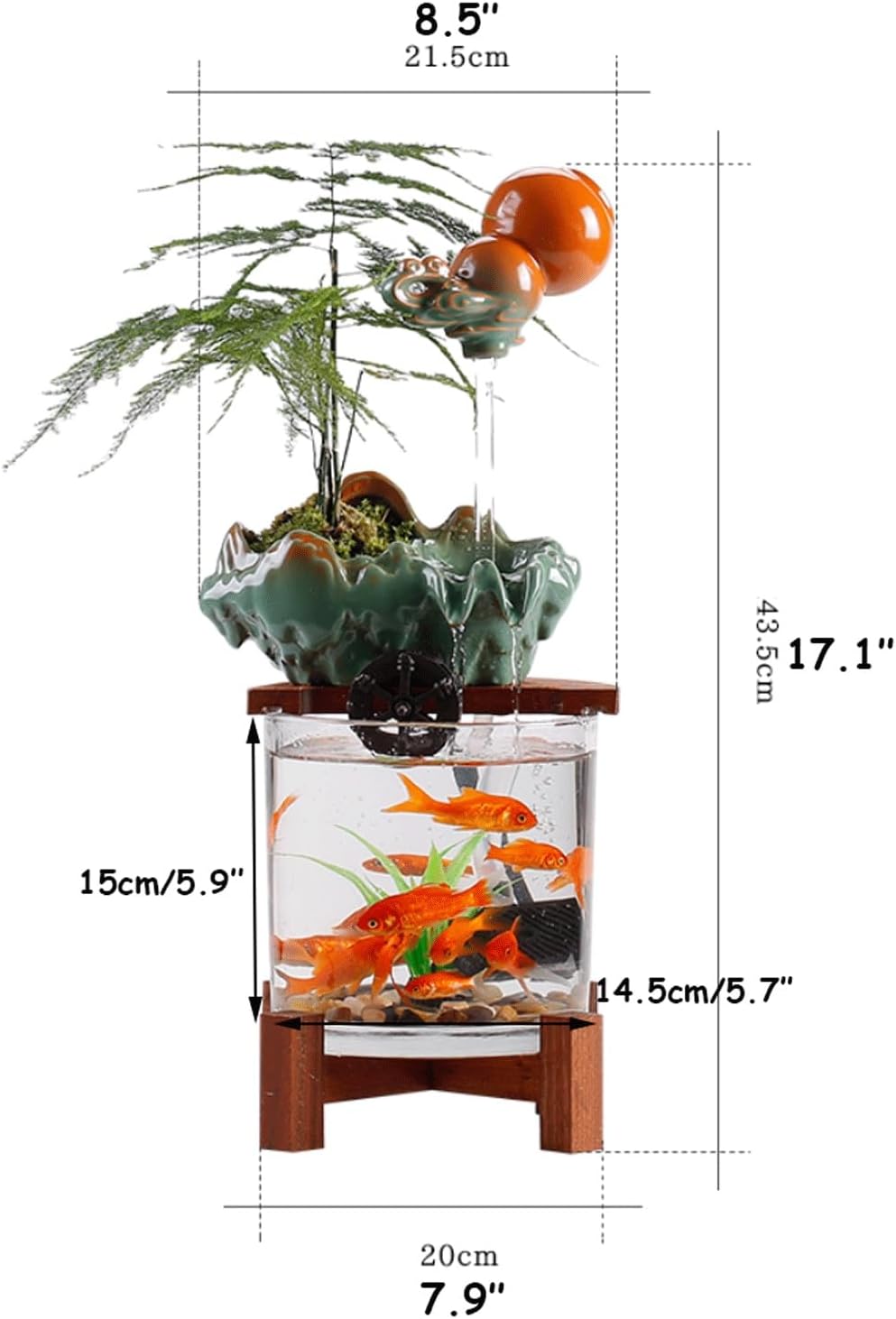 Indoor Floating Gourd Indoor Fountain w/Fish Tank Tabletop Aquarium Waterfall Fountain w/Wooden Base Feng Shui Zen Decor for Home Fuente(Green)