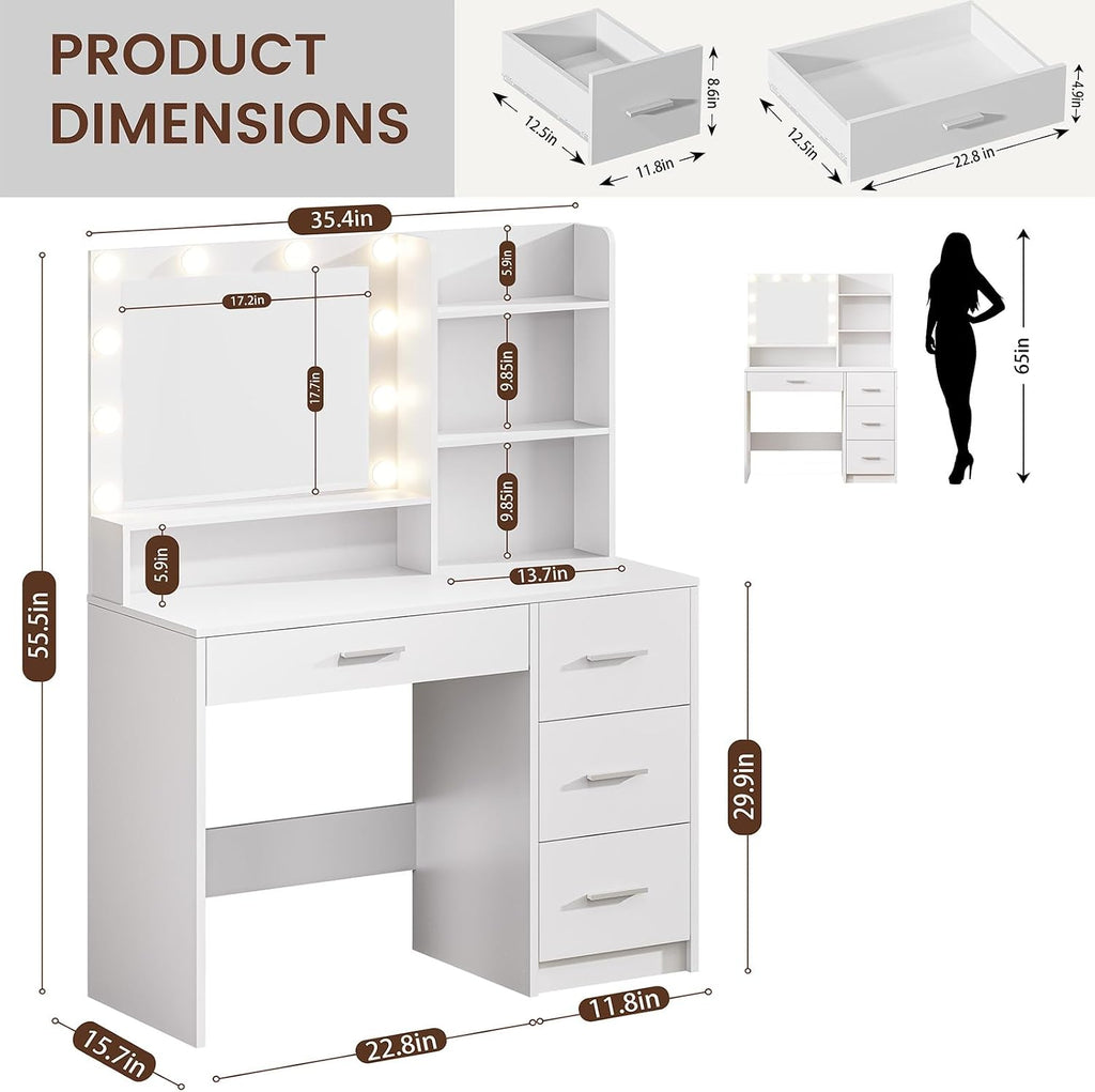 DINGIPP Vanity Desk with Lighted Mirror and Charging Station, Makeup Vanity with 4 Drawers & Storage Shelves,Makeup Desk 3 Color Lights Modes Available, Bedroom Dressing Table for Women, Girls