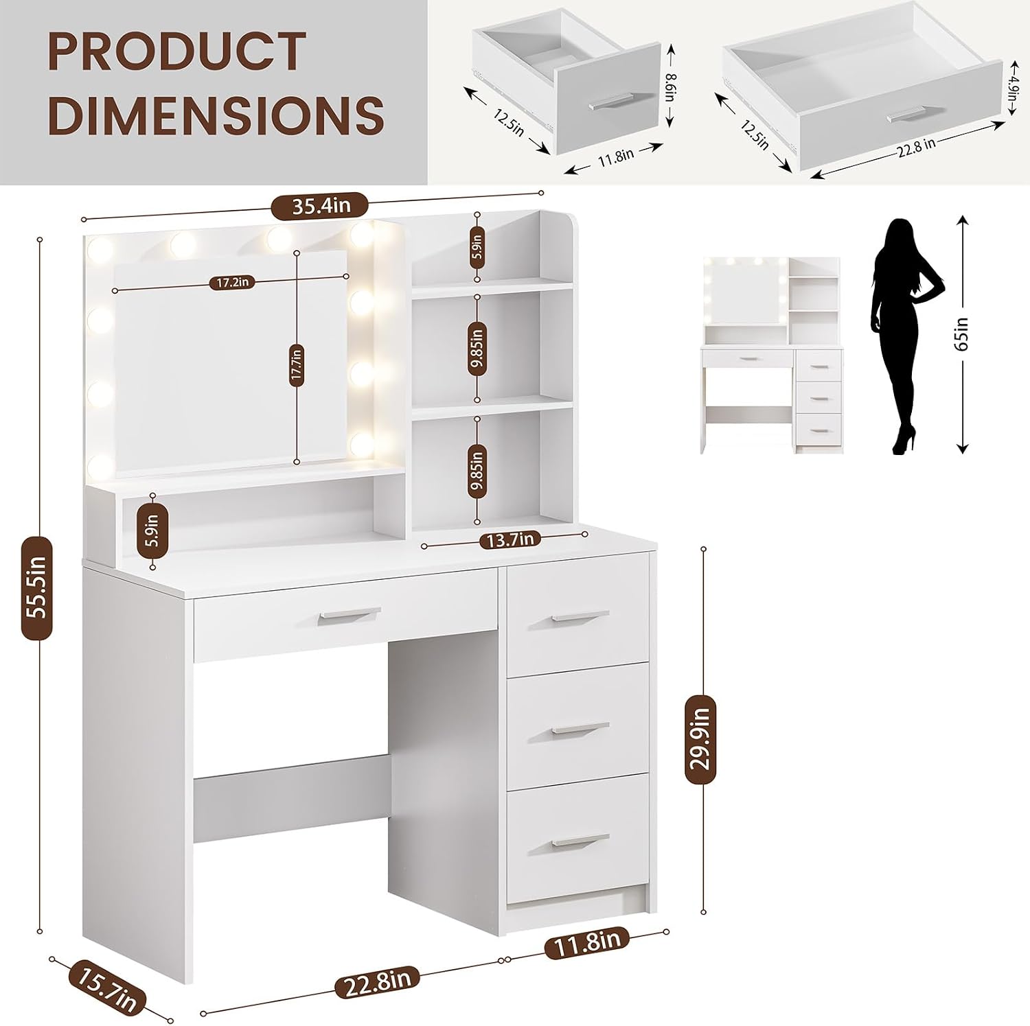 DINGIPP Vanity Desk with Lighted Mirror and Charging Station, Makeup Vanity with 4 Drawers & Storage Shelves,Makeup Desk 3 Color Lights Modes Available, Bedroom Dressing Table for Women, Girls