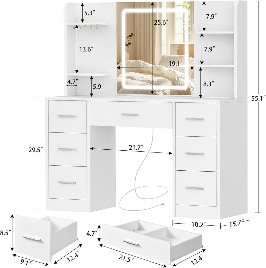 Quimoo Large Vanity Desk with LED Lighted Mirror & Power Outlet, Makeup Vanity Table with 7 Drawers,4 Shelves and 5 Hooks, White Vanity for Bedroom, Bathroom