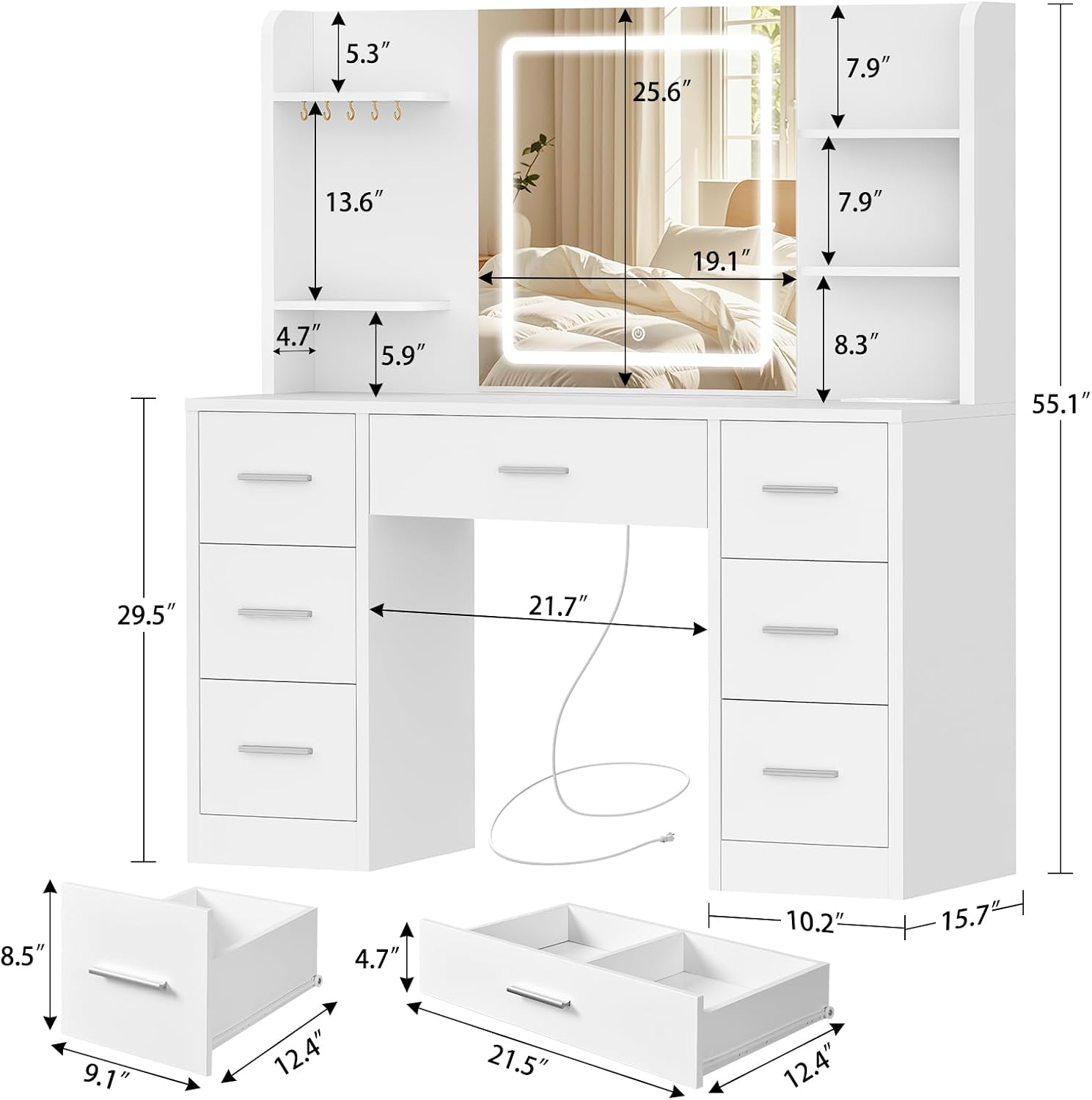 Quimoo Large Vanity Desk with LED Lighted Mirror & Power Outlet, Makeup Vanity Table with 7 Drawers,4 Shelves and 5 Hooks, White Vanity for Bedroom, Bathroom