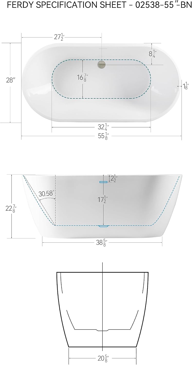 FerdY Bali 55' Freestanding Bathtub, Glossy White Freestanding soaking tub with Brushed Nickel Drain & Integrated Slotted Overflow, cUPC Certified