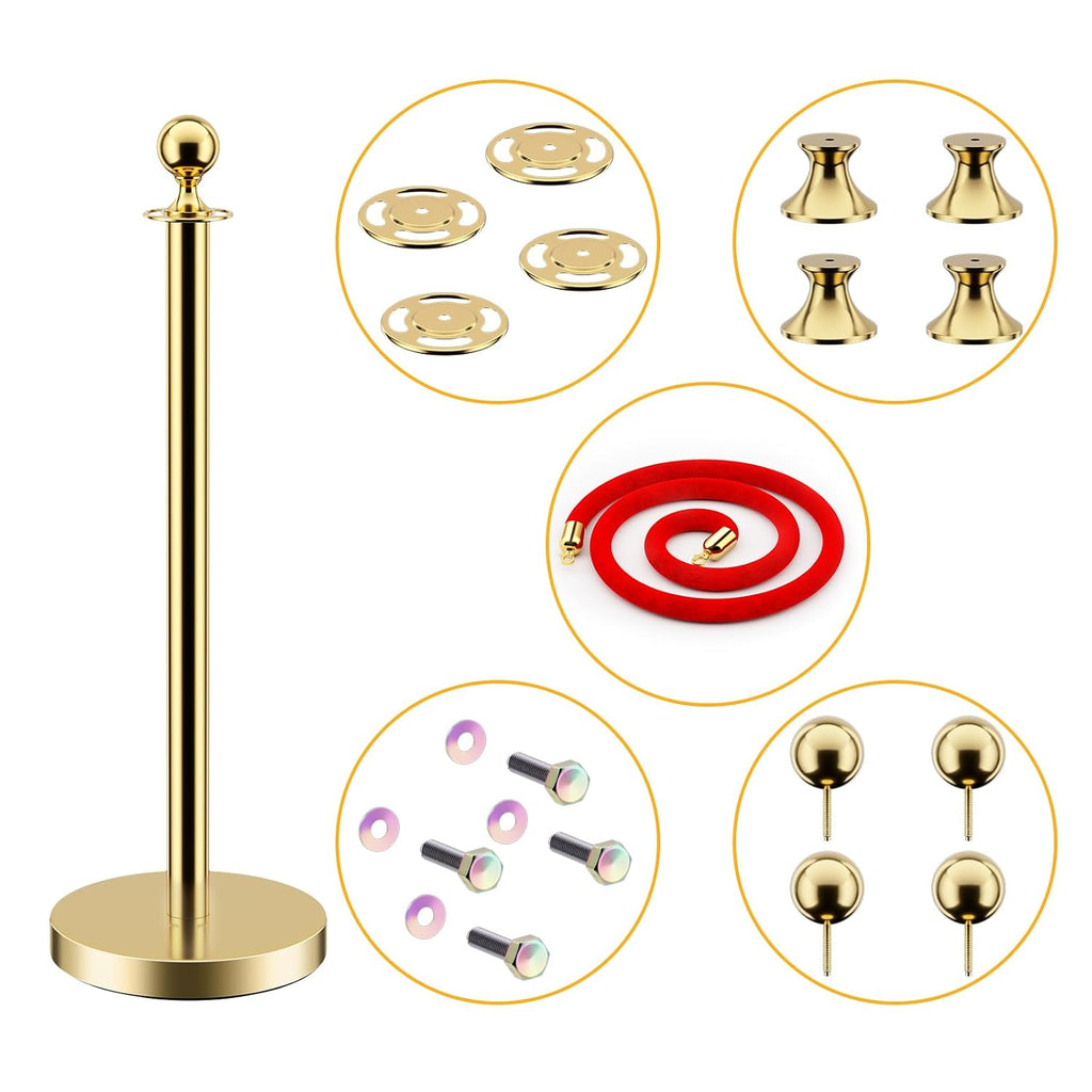 LOVMOR 12Pcs Gold Stanchion Posts Queue with 8pcs Red Velvet Rope, Crowd Control Barriers Queue Line Rope, Crowd Control Stanchion for Party Supplies
