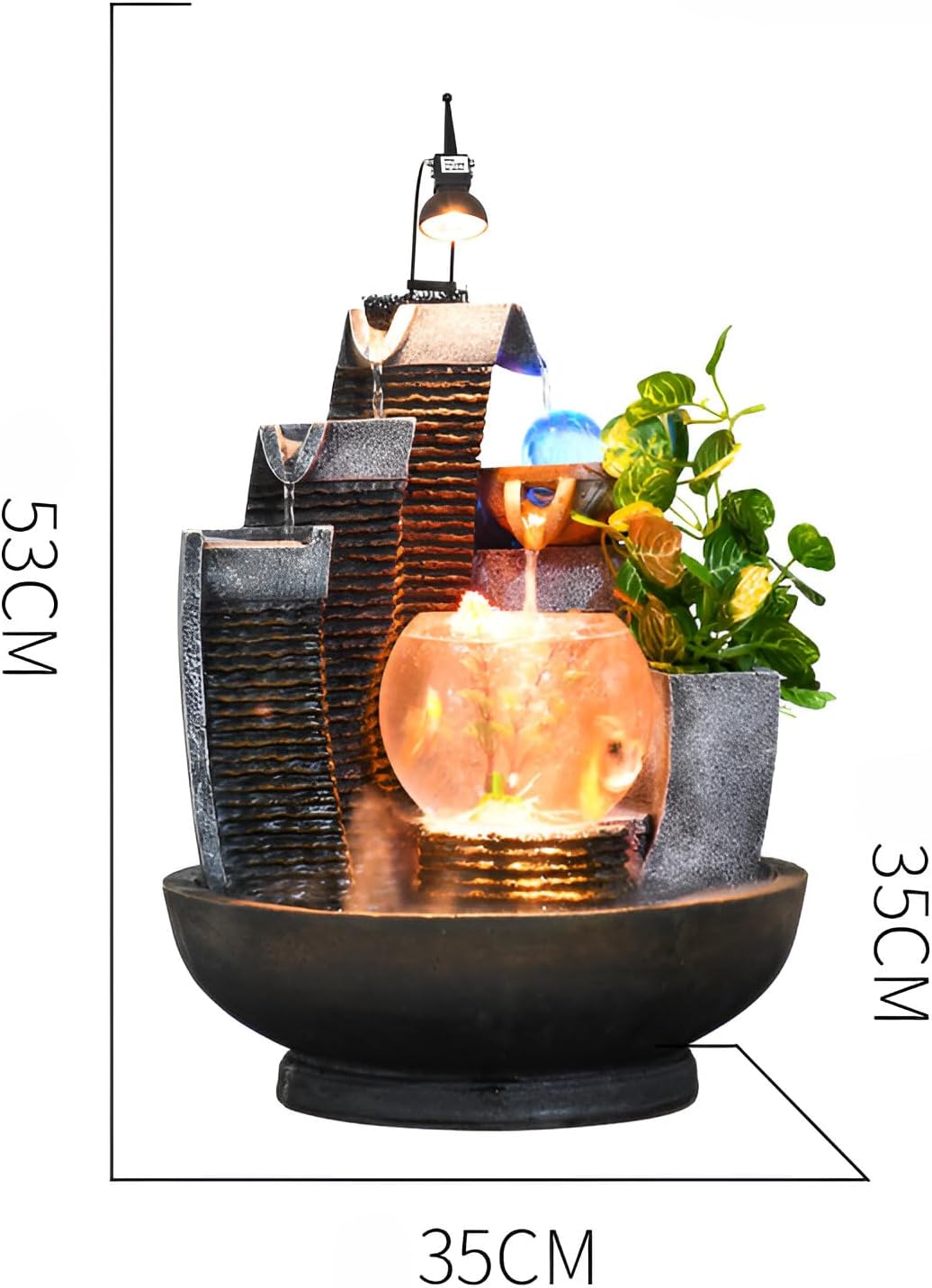 16.93' Indoor Tabletop Fountain with LED Fish Tank, Lighted Crystal Ball & Free 10 Natural Crystals – Water Feature for Home, Office, Entryway & Housewarming Gift (Fish Tank + Spotlight)
