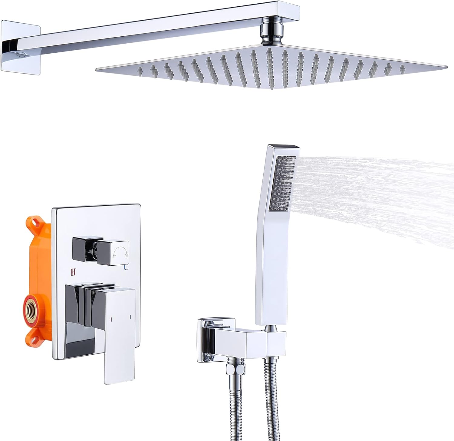 Shower System Shower Faucet Set with 10' Square Rainfall Shower Head and handheld shower faucet with Brass Valve Rough-In (Silver)