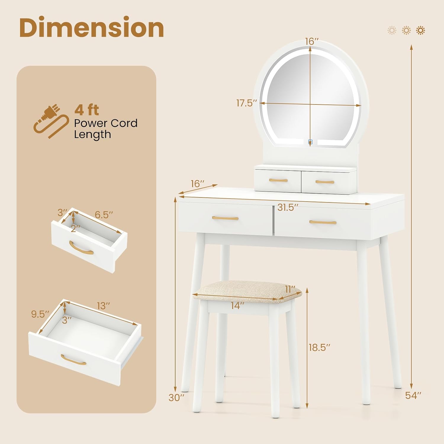 COSTWAY Small Vanity Desk with Mirror and Lights, Makeup Table with 4 Drawers, Vanity Stool, Round Lighted Mirror, 3 Color Modes, Dressing Table Set for Bedroom Small Space (White)
