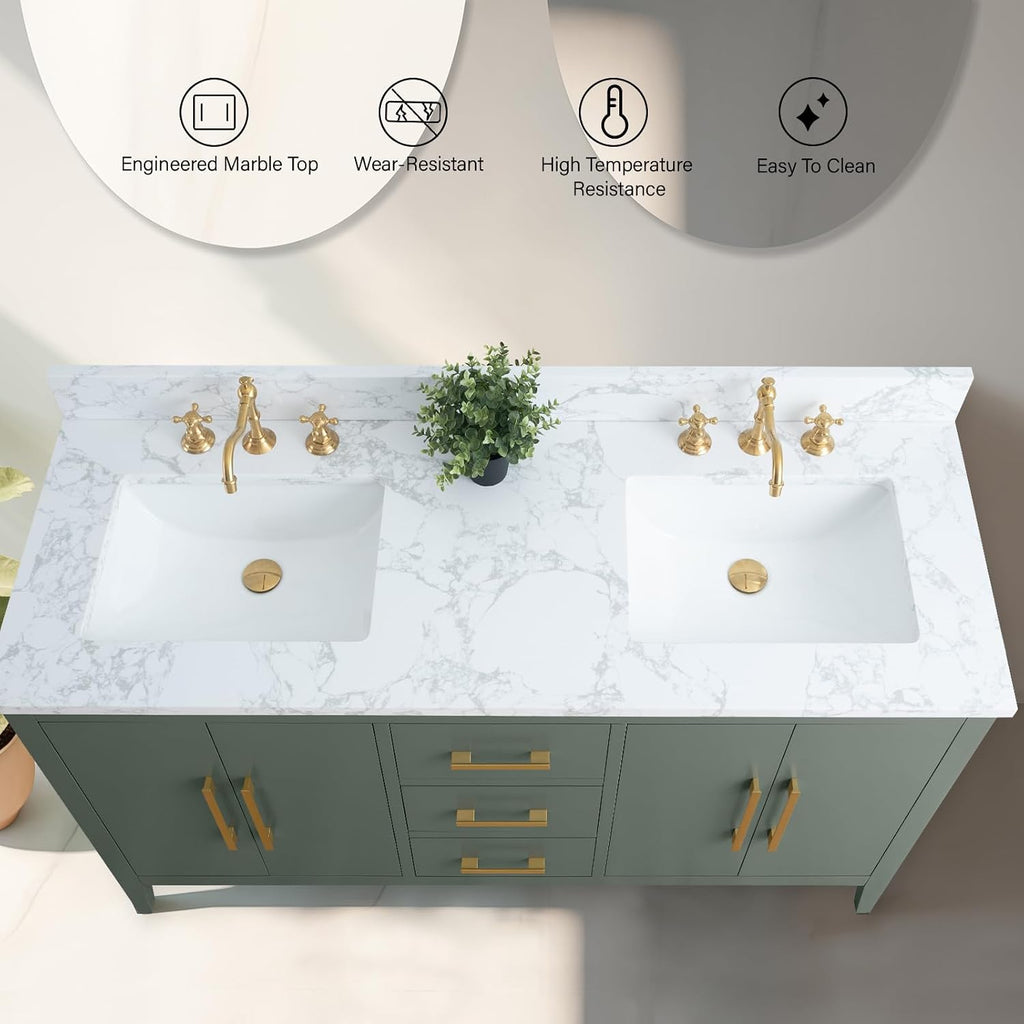 Vanity Art 60 inch Bathroom Vanity with Double Sink & Ceramic Top, Vanity Cabinet with Soft-Closing Doors, Drawers, Solid Wood Frame, Vintage Green, VA9060-DVG-BN1