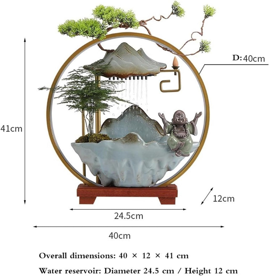 Tabletop Fountain Indoor Waterfall Fountain with LED Light and Incense Holder, Meditation Decoration for Home Office