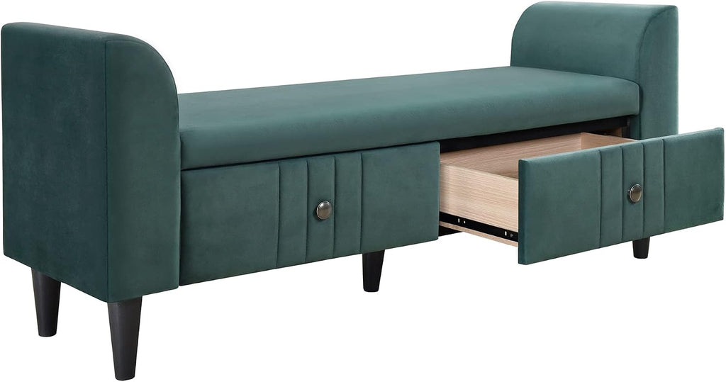 KLMM Elegant 4-Pieces Bedroom Sets Queen Size Upholstered Platform Bed with Two Nightstands and Storage Bench, No Box Spring Needed (Green#M^)