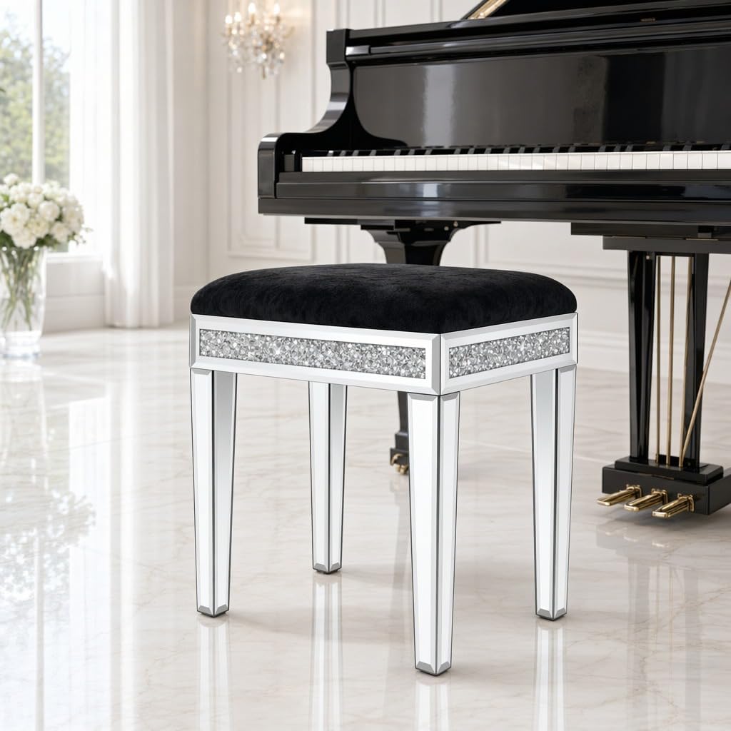 Vanity Stool with Storage, Velvet Upholstered Ottoman with Mirrored Legs, Hidden Storage Compartment, Diamond Trim Glam Makeup Chair & Piano Bench