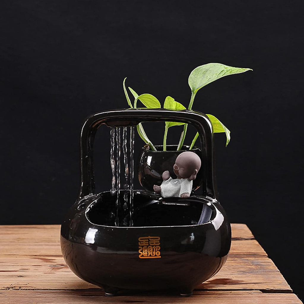 Desktop Fountain Ndoor Zen Ceramic Fountain Tabletop Bright Black Waterfall Water for Office Home Decoration