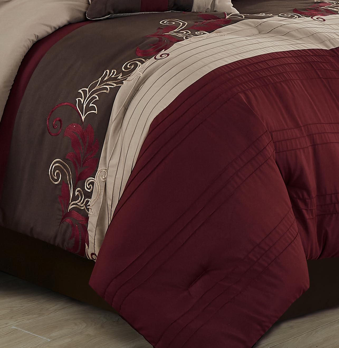 Chezmoi Collection Napa 7-Piece Luxury Leaves Scroll Embroidery Bedding Comforter Set (Oversized King, Burgundy/Taupe/Brown)
