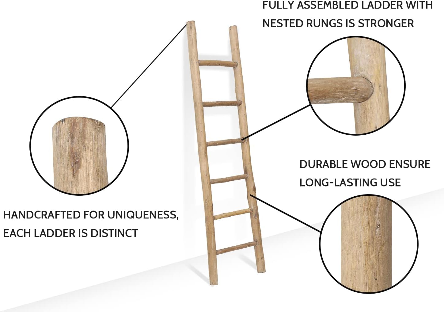 FUIN Fully Assembled 6ft Wood Blanket Ladder Living Room Decorative Wall Leaning Farmhouse Quilt Display Holder Rustic Wooden Towel Rack for Bathroom, Brown