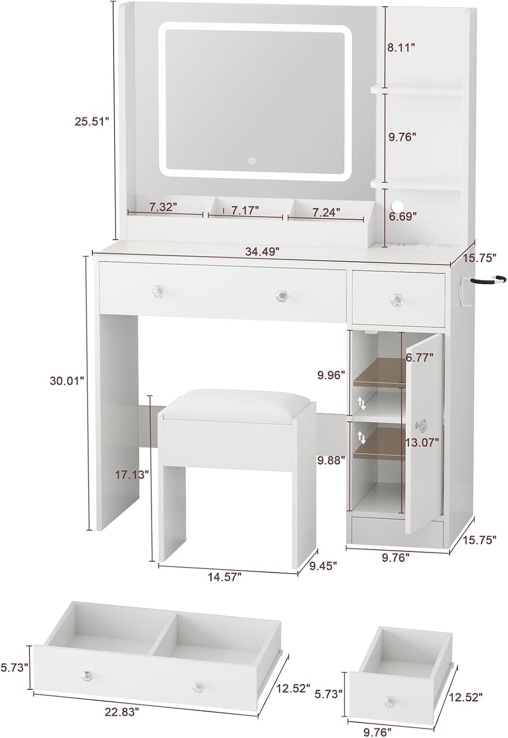 Makeup Vanity Desk with Mirror and Lights,Vanity Set with Mirror and Stool and Lights 3 Color,White Vanity Desk with Drawers,Make Up Table with Power Outlet,Dressing Table with Cabinet,Storage Shelves