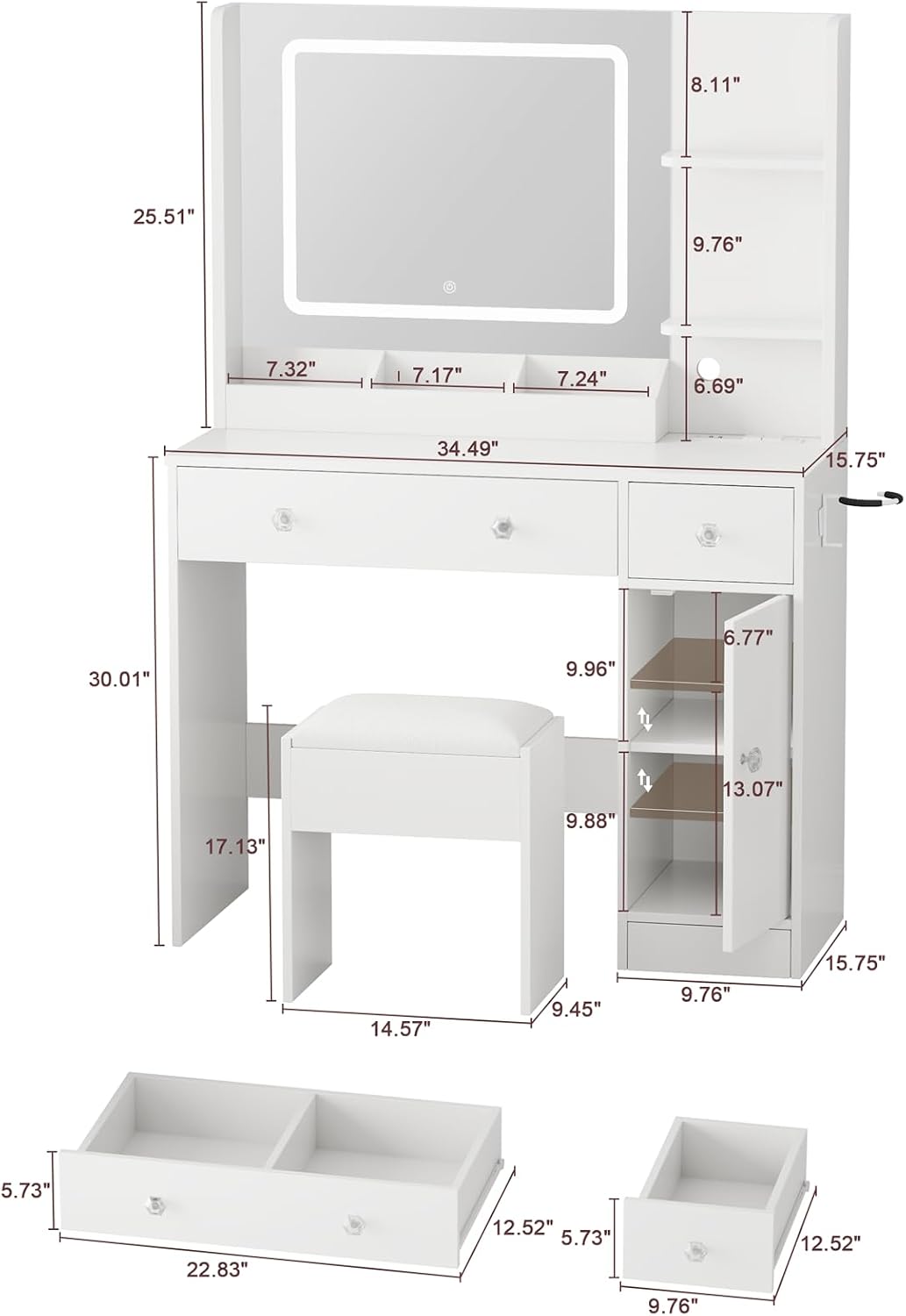 Makeup Vanity Desk with Mirror and Lights,Vanity Set with Mirror and Stool and Lights 3 Color,White Vanity Desk with Drawers,Make Up Table with Power Outlet,Dressing Table with Cabinet,Storage Shelves