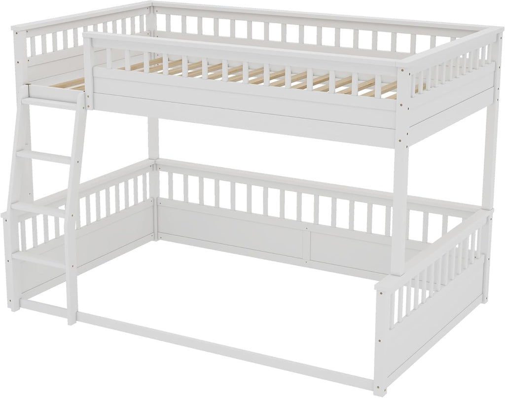 RUNNA Rustic Solid Wood Bunk Bed for Kids Teens with Ladder and Guardrails, Detachable Split Design,No Box Spring Needed (Off White, Full XL Over Queen)