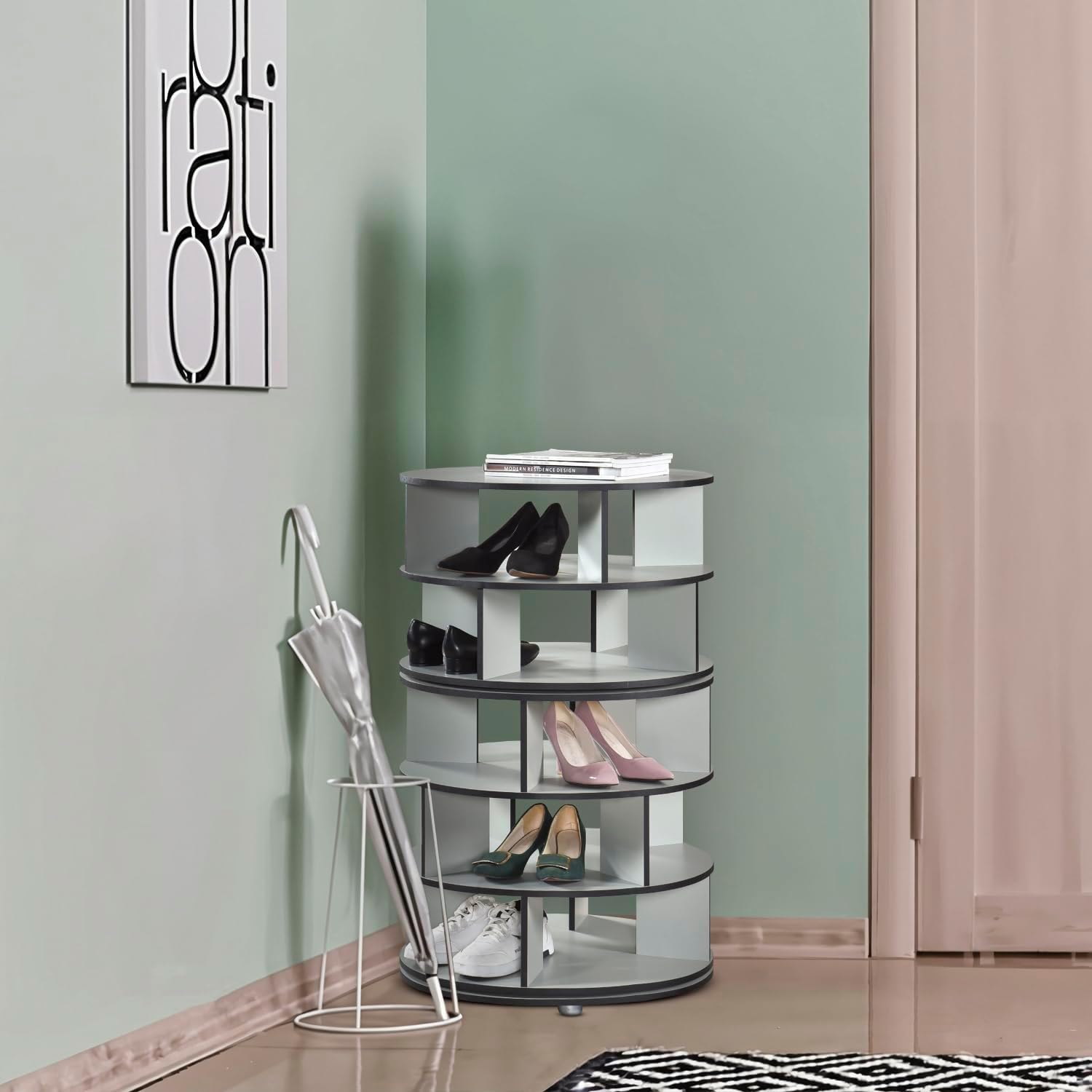 Kings Brand Furniture - 5-Tier Rotating Shoe Rack, 360° Revolving Lazy Susan Spinning Shoe Rack Tower Storage Organizer for Closet Entryway Bedroom Hallway, Green