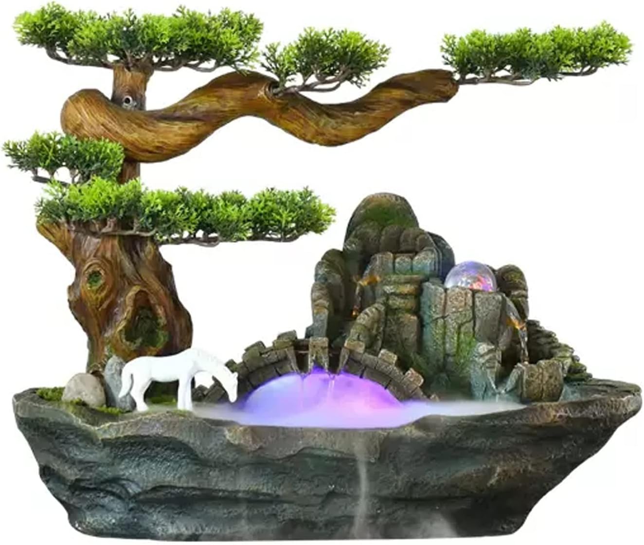 Tabletop Water Fountain Chinese Style Indoor Fountain Tabletop Fountain Resin Rockery Waterfall Fountain Fake Tree Potted Water Feature Creative Indoor Relaxation Desktop Fountain for Office Home Desk
