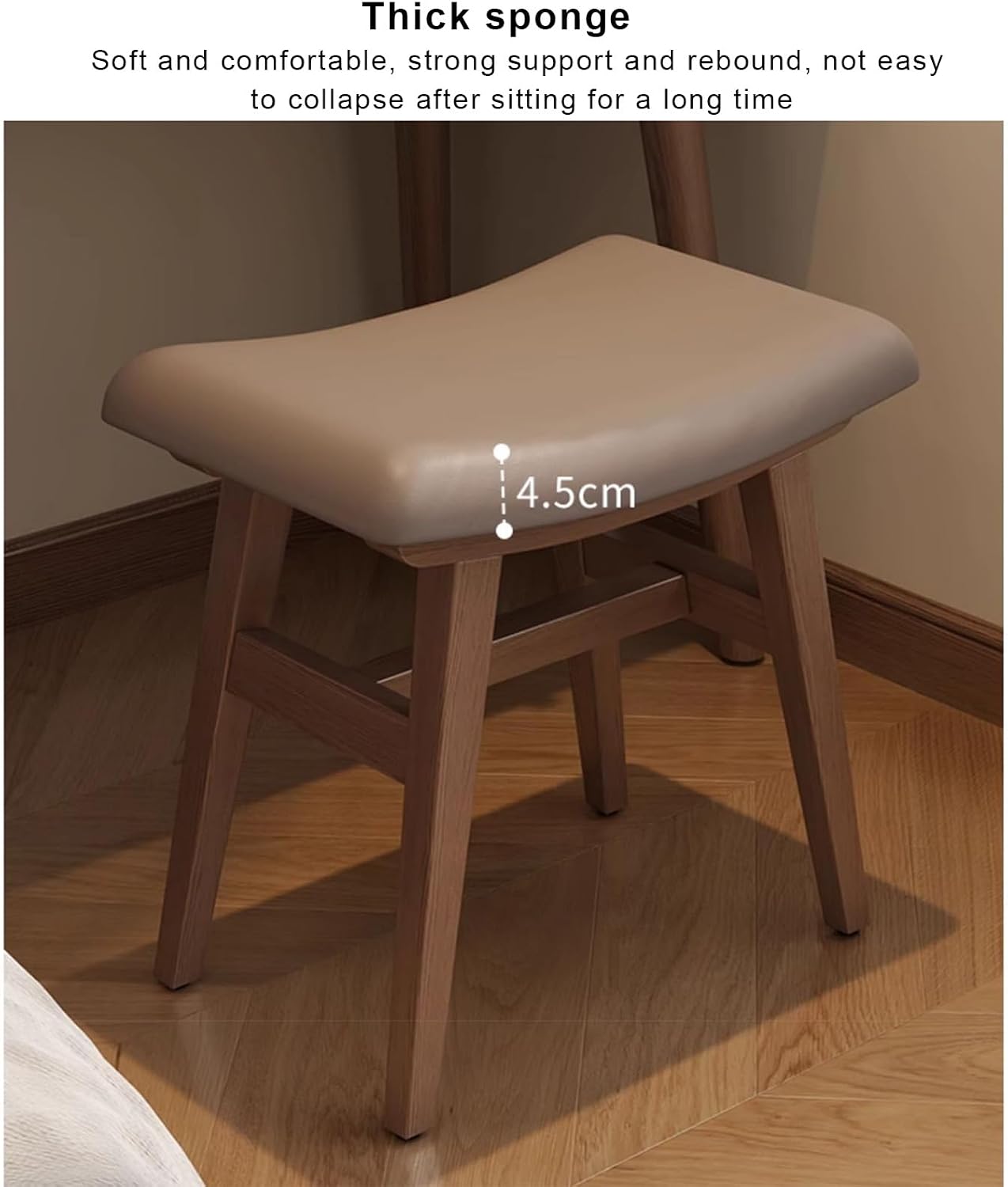 Makeup Vanity Stool, Saddle Cushion Vanity Bench Ottoman with Solid Wood Leg and Upholstered Seat, Entryway Shoe Bench, Counter Height Bar Stool for Kitchen Dining Piano
