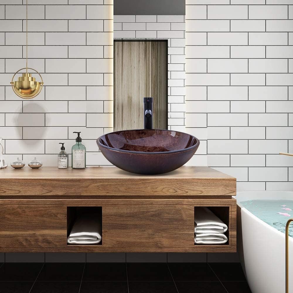 Bathroom Vessel Sink 16.5' Vessel Sinks Tempered Glass Brown Art Basin Round Bowl with Faucet Combo Brown,Countertop Bowl Sink for Lavatory Vanity Cabinet