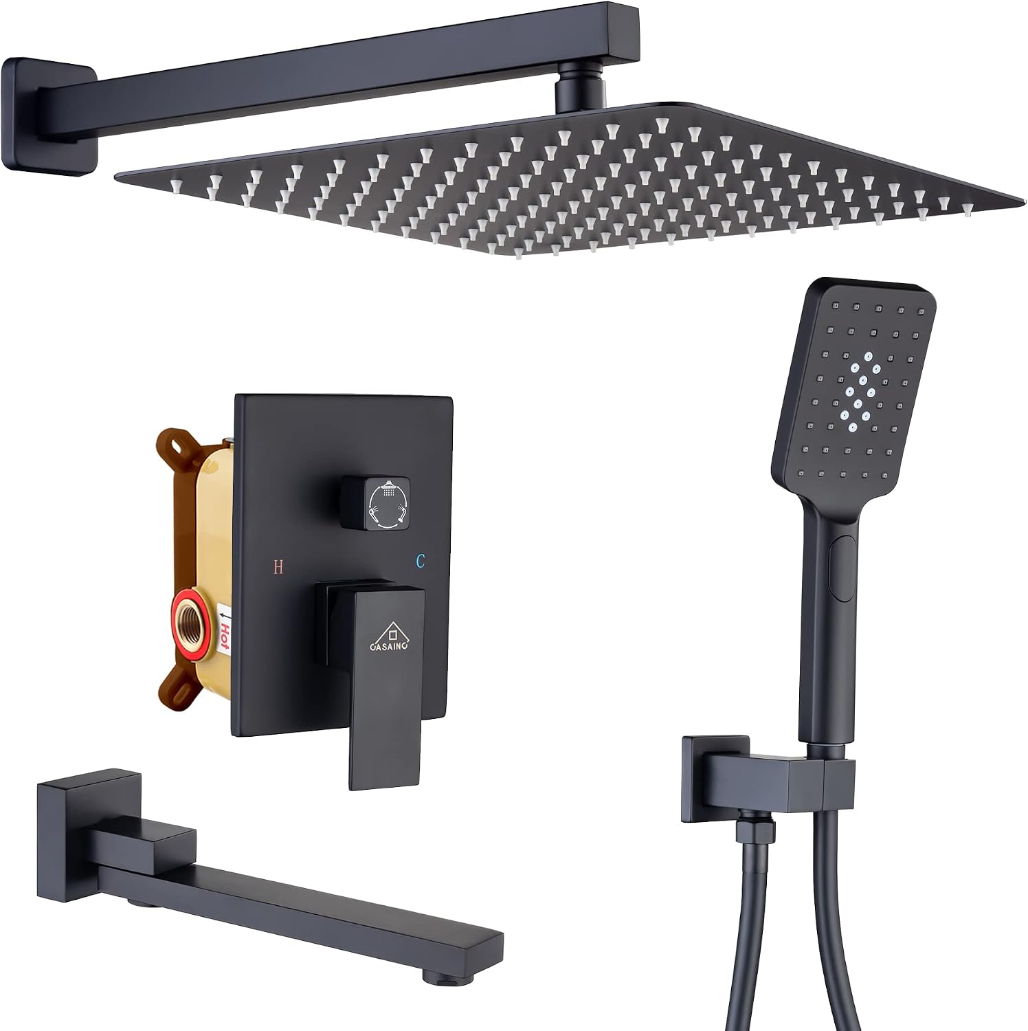 CASAINC Rain Shower Head with Handheld Spray, Tub Shower Faucets Set with Pre-embedded Valve Square Waterfall Shower Head System (12 Inch Wall Mounted, Matte Black)