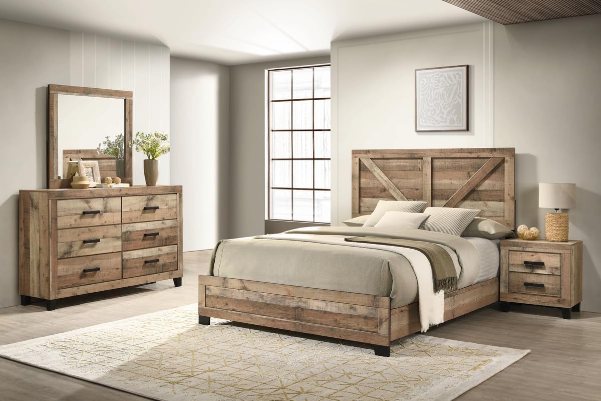 Best Quality Furniture 4 Piece Weathered Brown Pine Wood Bedroom Set in Queen