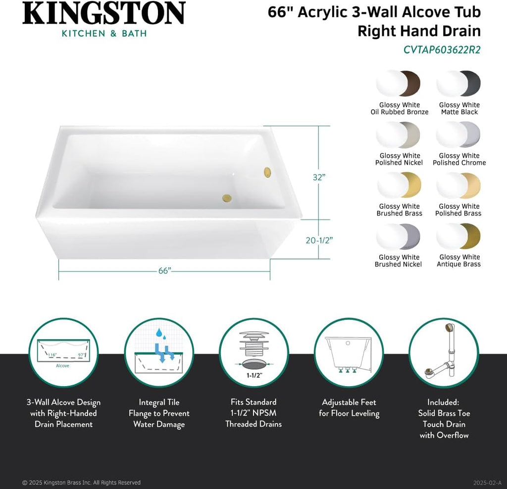 Aqua Eden CVTAP663222R7 66' Acrylic Rectangular 3-Wall Alcove Tub, Right Hand Drain, Glossy White/Brushed Brass