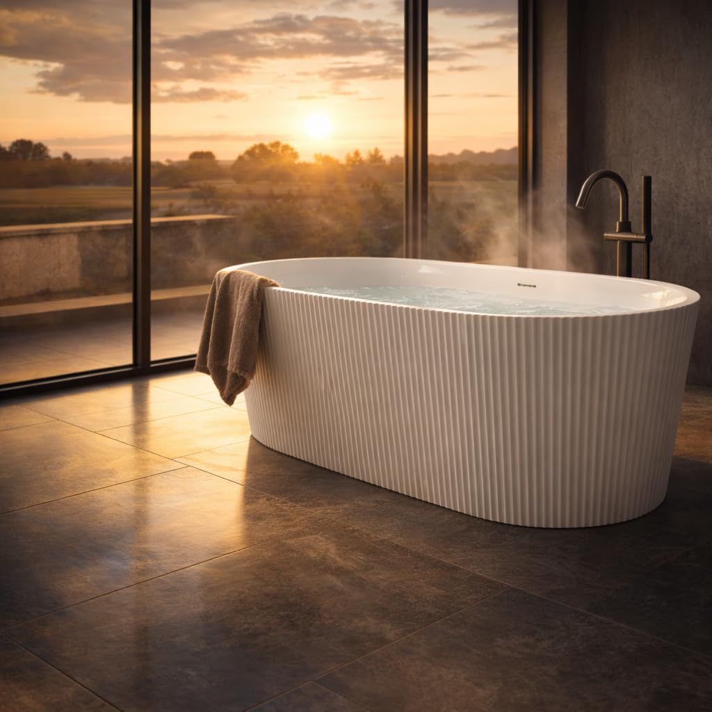 ANZZI Freestanding Soaking Bathtub 59 In Acrylic Solid Surface Glossy Flatbottom White Bailey Series 14.8 In Soaking Depth 67.4 Gal Capacity Overflow Drain Compact One Piece Design | AMZFT650-59
