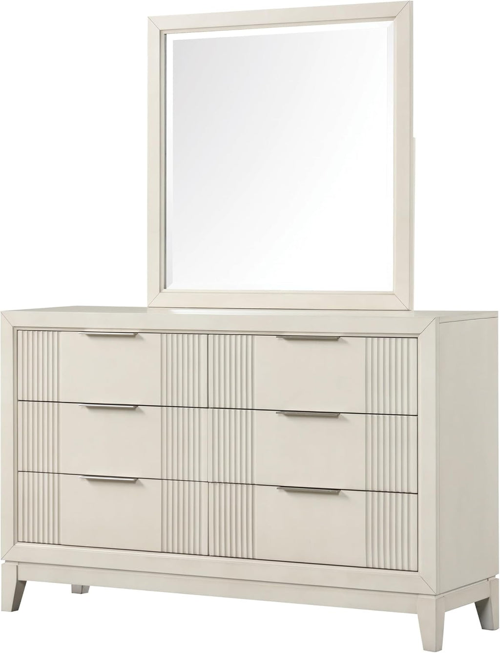 Furniture of America Oberlin Modern Solid Wood 5-Piece Bedroom Set with LED on Padded Fabric Headboard, Vertical Channel Tufting, Chrome Finger Pulls, Box Spring Needed, King, Antique White