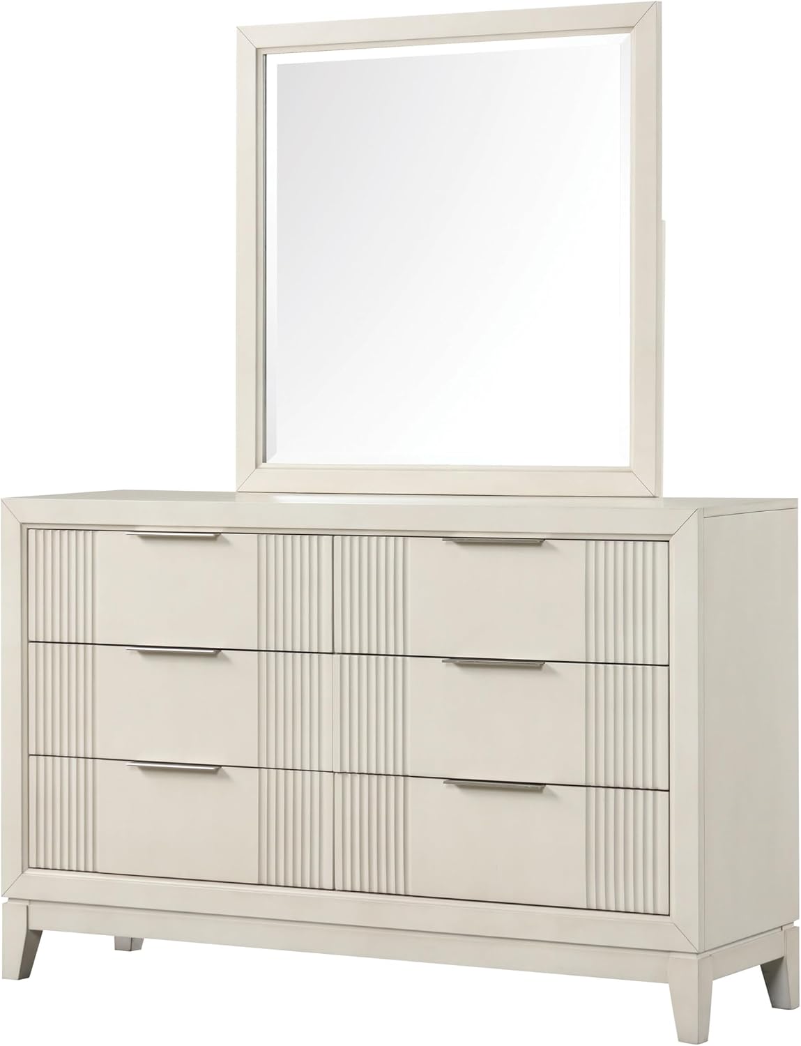 Furniture of America Oberlin Modern Solid Wood 5-Piece Bedroom Set with LED on Padded Fabric Headboard, Vertical Channel Tufting, Chrome Finger Pulls, Box Spring Needed, King, Antique White