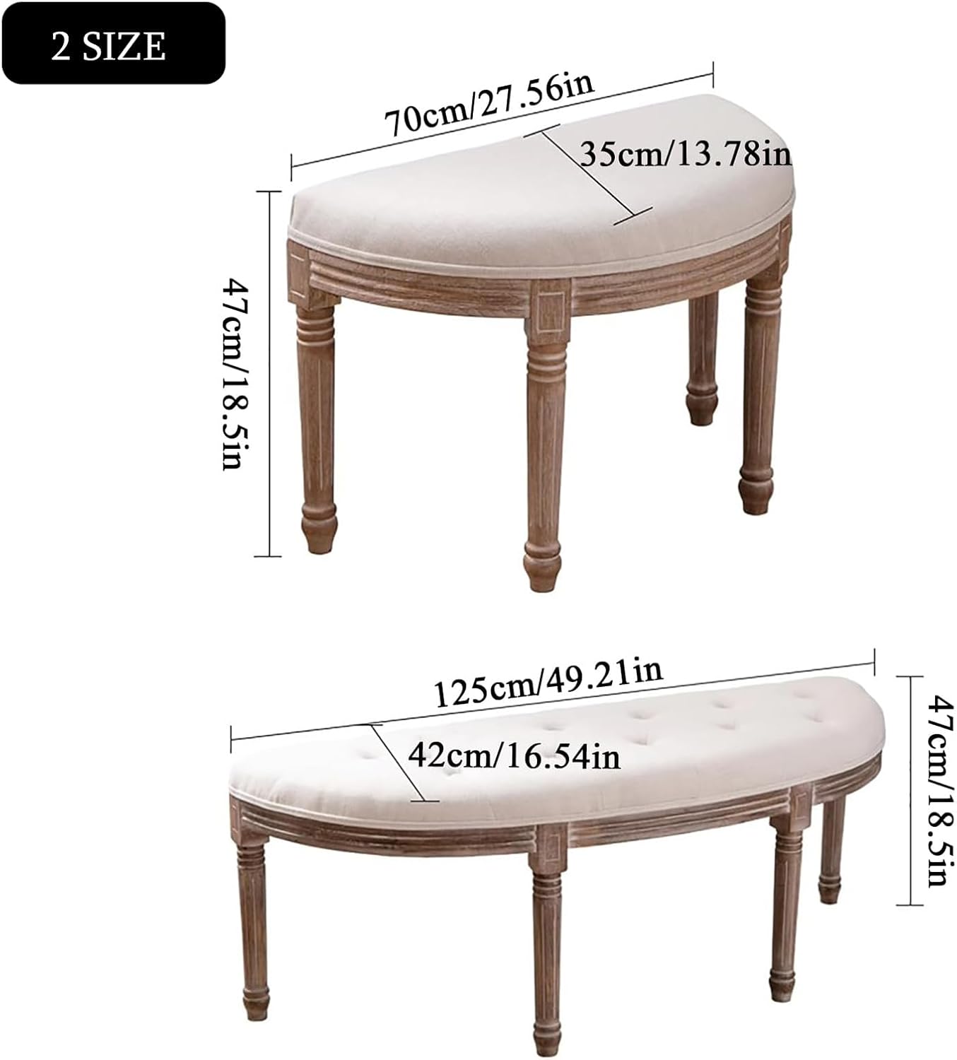 Half Moon Solid Wood Vanity Bench,Vintage French Upholstered Entryway Bench,Comfy Tufted Piano Benches Ottoman for Bedroom Living Room Hallway (27.56' W×13.78' D×18.5' H, Leather Offwhite)