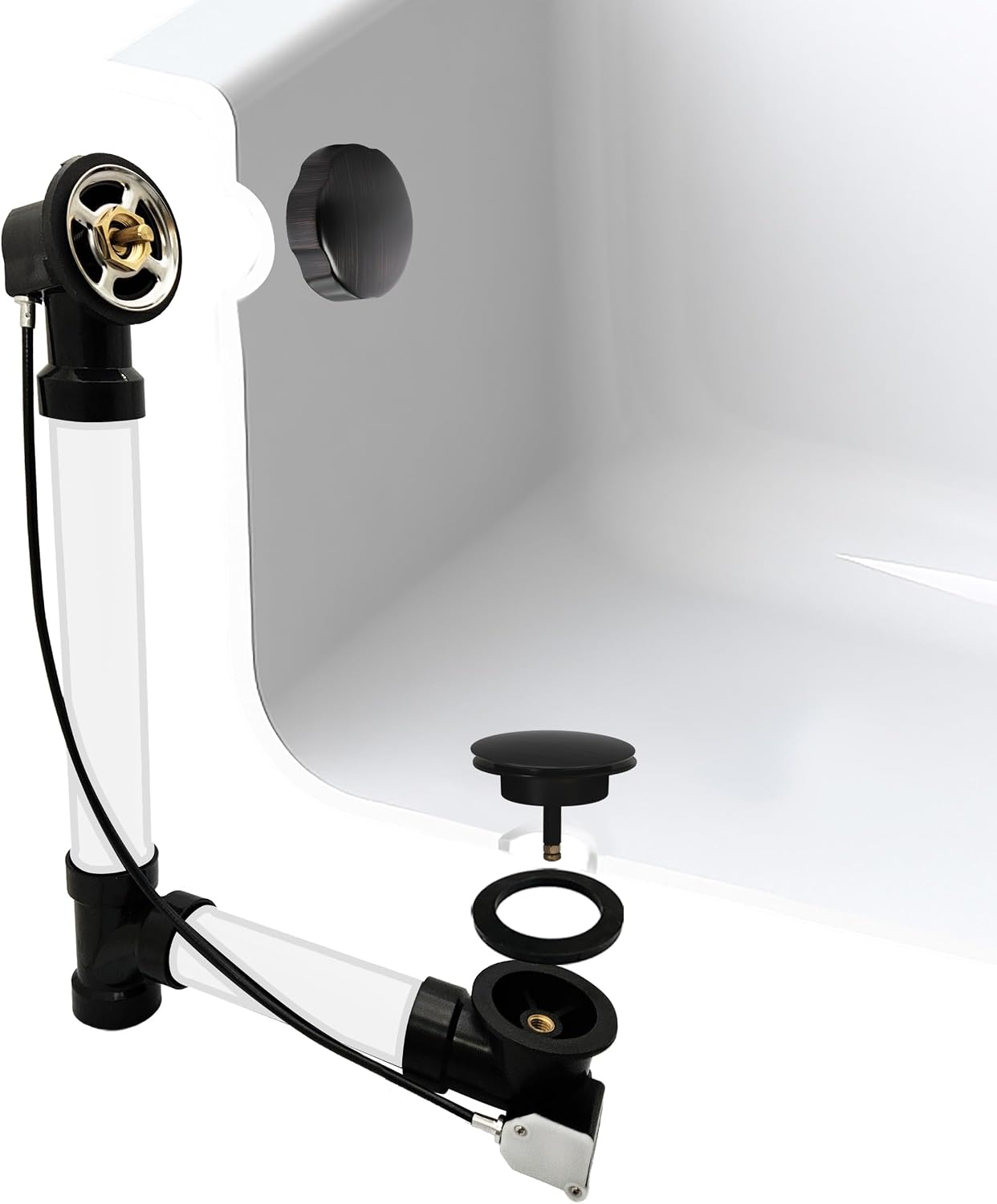 Westbrass A50A27-12A 27' SCH. 40 ABS Cable Driven Bath Drain Trim Kit with Rotary Overflow Cover Knob and Pop-Up Stopper, Antique Bronze
