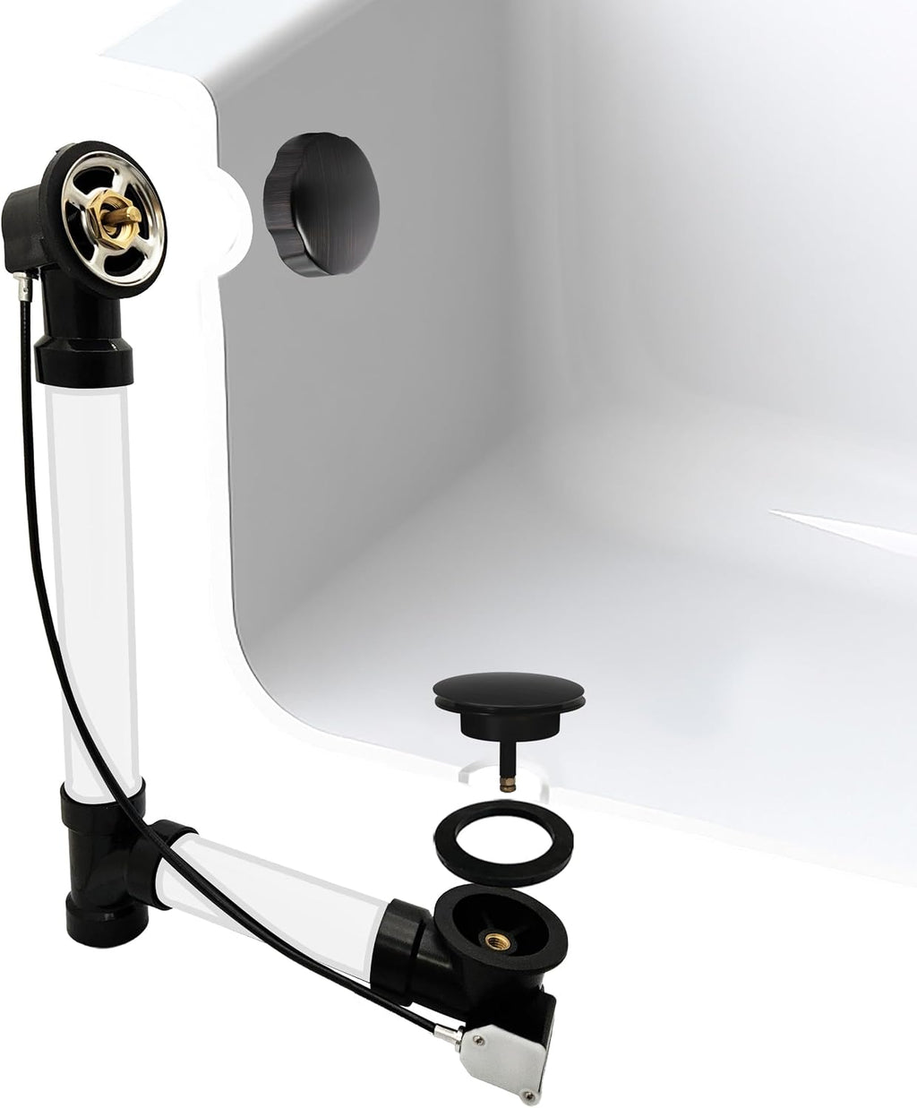 Westbrass A50A35-12A 35' SCH. 40 ABS Cable Driven Bath Drain Trim Kit with Rotary Overflow Cover Knob and Pop-Up Stopper, Antique Bronze