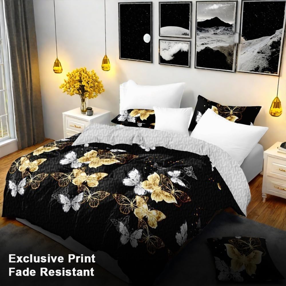 Luxury Golden Butterfly Queen Light Comforter Set, Elegant 9-Piece Bed in a Bag Queen Bedspread with Matching Curtains Ultra Soft & Breathable Black Gold Bedding, Chic All-Season Master Suite Decor